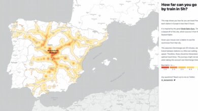Photo of Un mapa interactivo isócrono sobre lugares a los que se puede llegar en tren en 5 horas desde cualquier estación de Europa