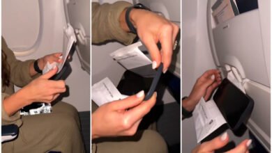 Photo of "¿Qué locura es esta?": Crean un soporte para el iPhone con la bolsa de papel que hay en los asientos de los aviones